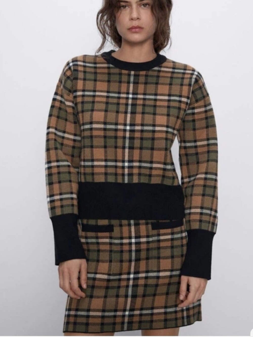 Zara Plaid Crewneck Sweater and Skirt Set in Camel, Black, Olive, White